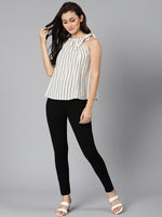 Slivery white stripes ruffled tie-knotted women top