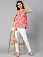 Coral pink floral print tie-knotted ruffled women top