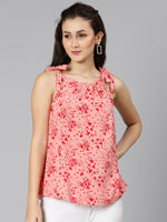 Coral pink floral print tie-knotted ruffled women top