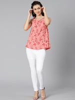 Coral pink floral print tie-knotted ruffled women top