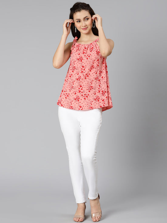 Coral pink floral print tie-knotted ruffled women top