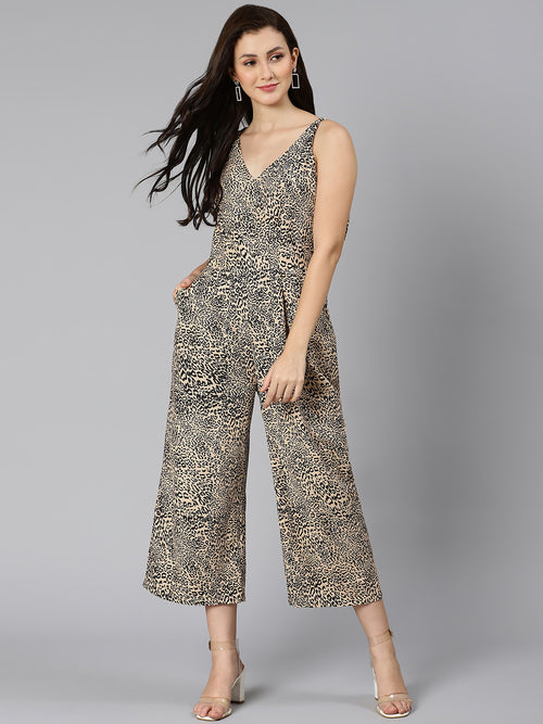 Honey brown animal printed elasticated women jumpsuit