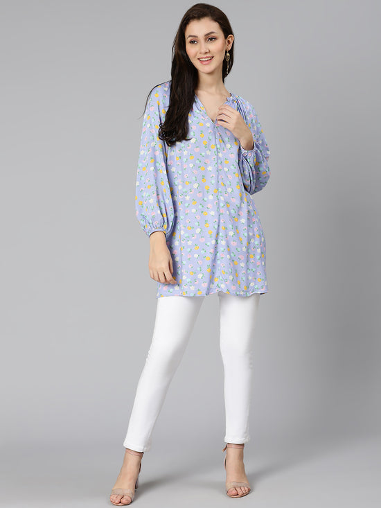 Soft blue floral printed women tunic