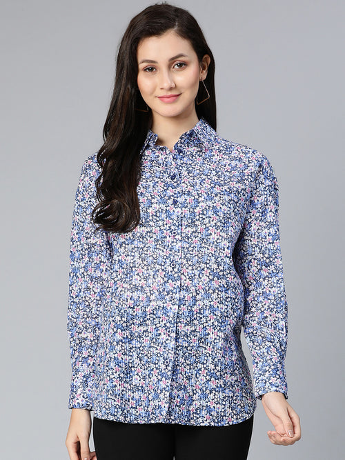 Wholly blue floral printed women formal shirt