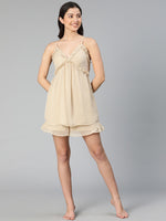 Soild beige color ruffled & elasticated women nightwear shorts