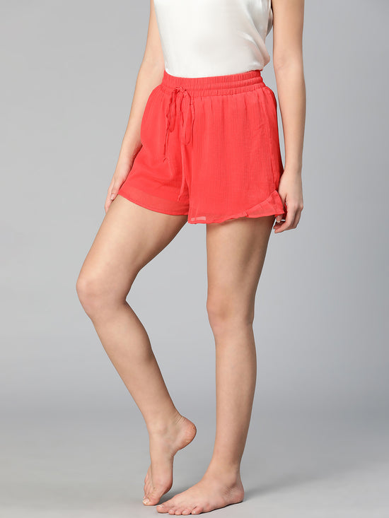 Chilled red ruffled & elasticated women nightwear shorts