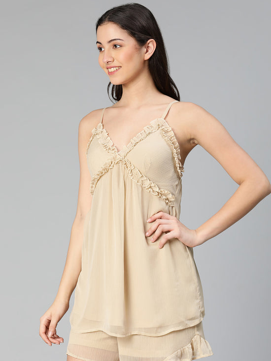 Beige color comfy ruffled women nightwear top