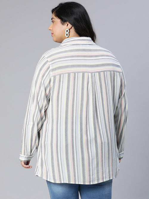 Beauted Stripes Print Plus Size Women Cotton Shirt