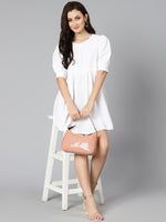 White pearl gathered details linen women dress