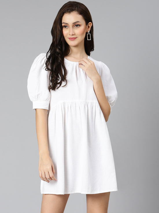 White pearl gathered details linen women dress