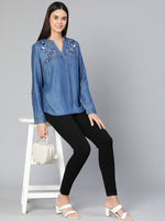 Denim blue embroidery party wear women top