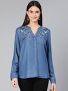 Denim blue embroidery party wear women top