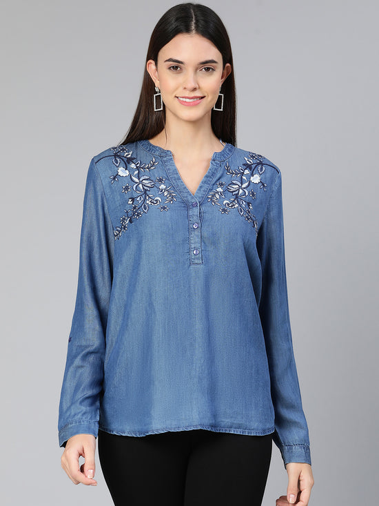 Denim blue embroidery party wear women top