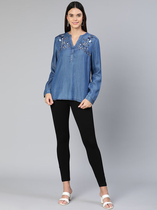 Denim blue embroidery party wear women top