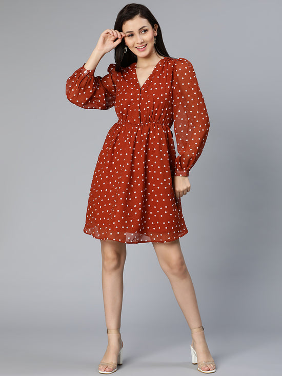 Jizzle polka print rust color elasticated women dress