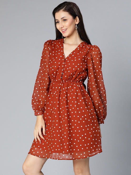 Jizzle polka print rust color elasticated women dress