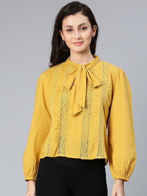 Limelight mustard laced up & tie-knotted women partywear cotton top