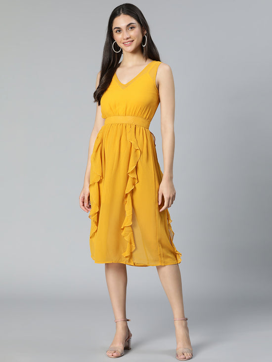 Bright mustard elasticated women ruffle dress