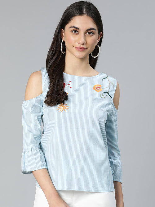 Windy blue stripe & embroidered cold shoulder women top