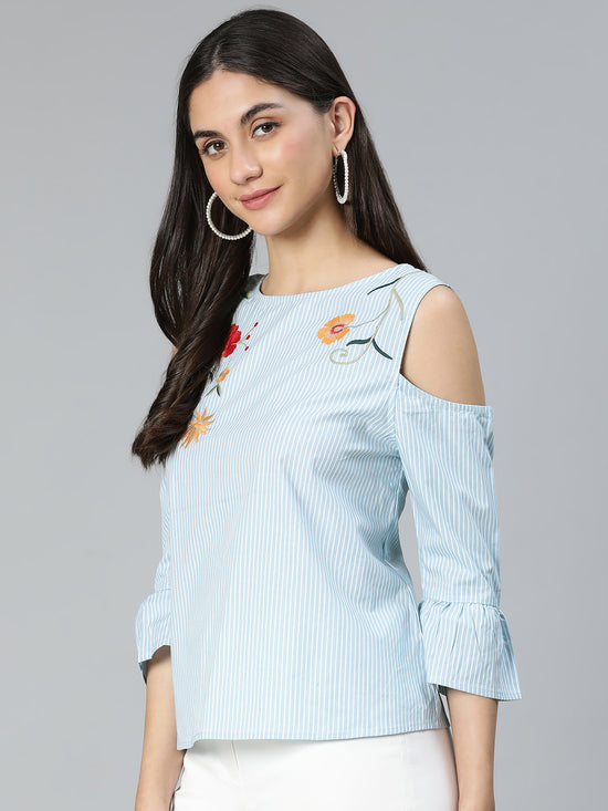 Windy blue stripe & embroidered cold shoulder women top