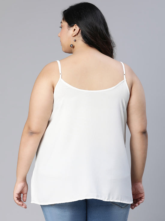 Plus Solid White Shoulder Strap Polyester Top