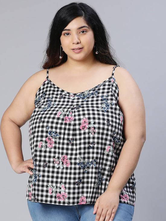 Women plus size black check print shoulder strap top