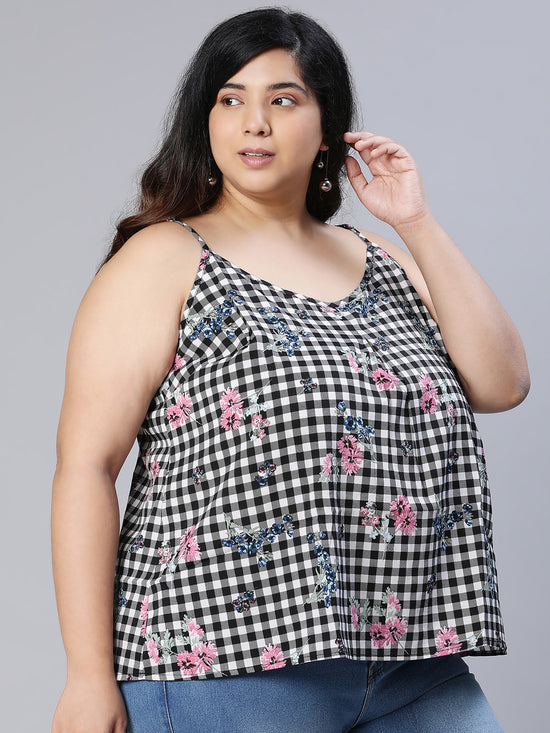 Women plus size black check print shoulder strap top