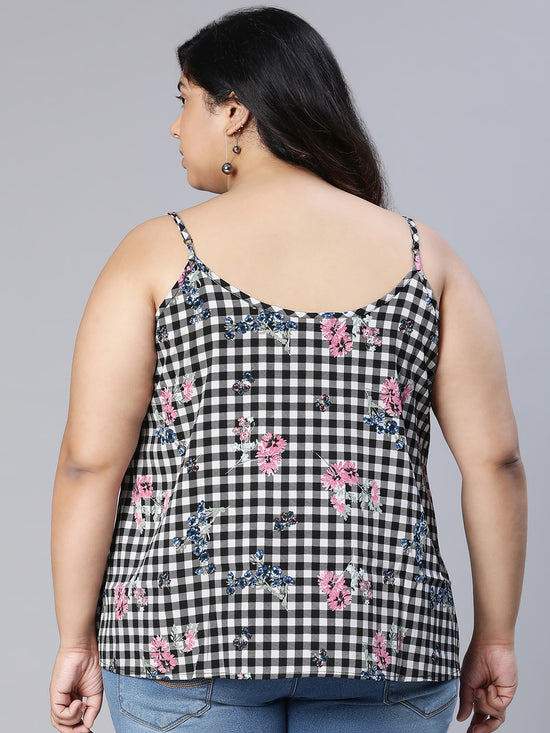 Women plus size black check print shoulder strap top