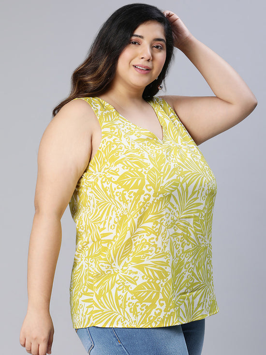 Plus Yellow Floral Viscose Print V-Neck Top