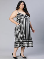 Plus Black stripe viscose print shoulder stape dress