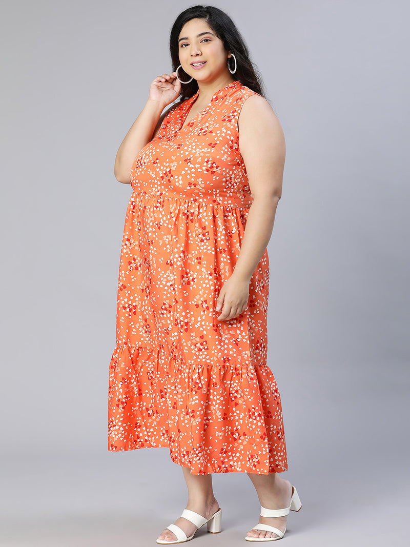Plus Orange Flower Polyester Print V-Neck Dress