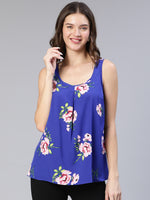 Women Floral Print Round Neck Sleeveless Blue Top