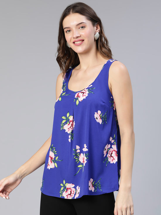 Women Floral Print Round Neck Sleeveless Blue Top