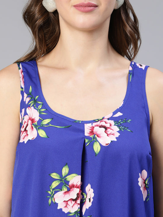 Women Floral Print Round Neck Sleeveless Blue Top