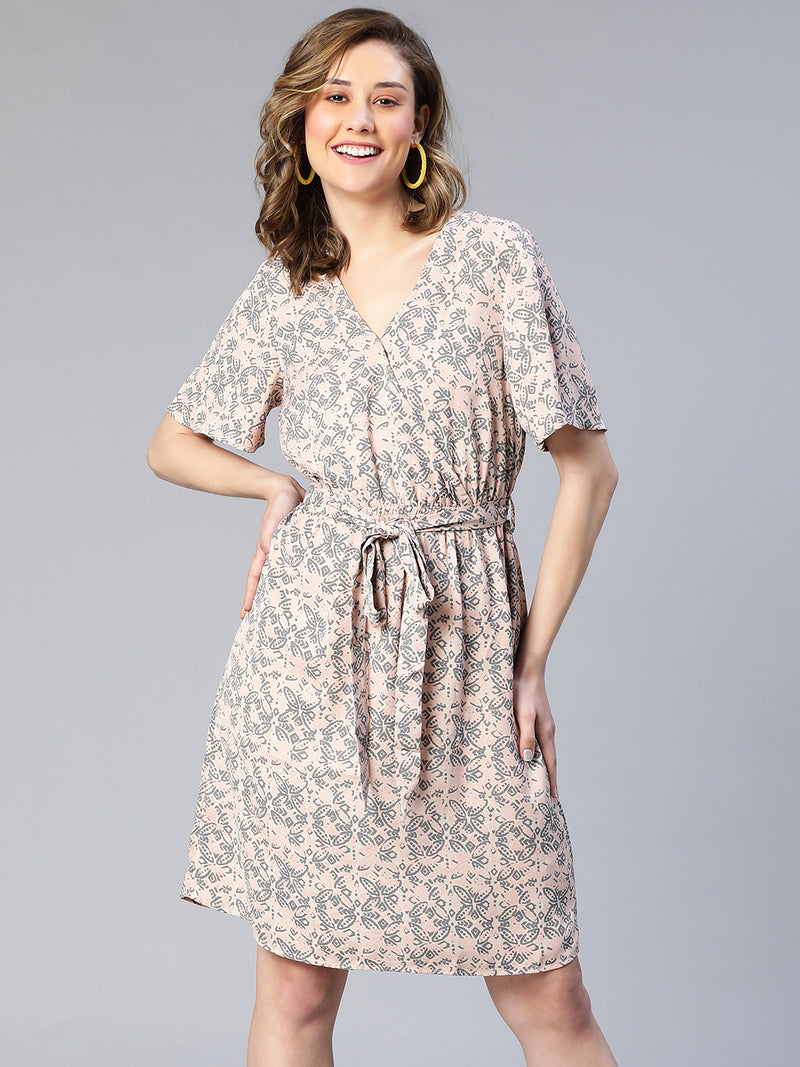 Dusty Pink Floral Print Tie-Knot Belted Women Dress