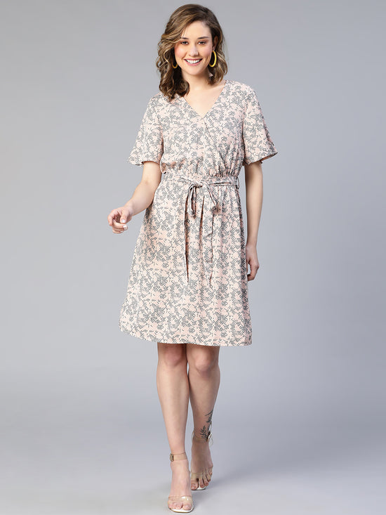 Dusty Pink Floral Print Tie-Knot Belted Women Dress