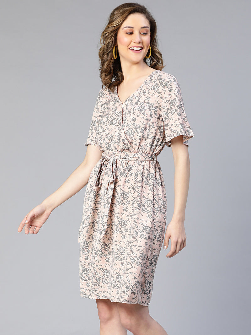 Dusty Pink Floral Print Tie-Knot Belted Women Dress