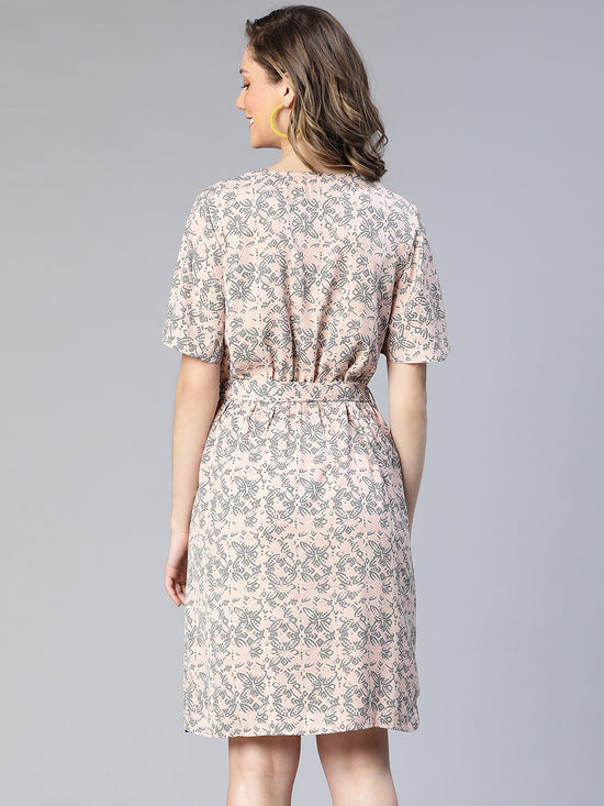 Dusty Pink Floral Print Tie-Knot Belted Women Dress