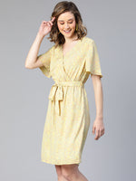 Dearly Yellow Floral Print Belted Women Dress