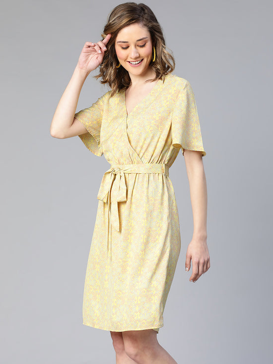 Dearly Yellow Floral Print Belted Women Dress