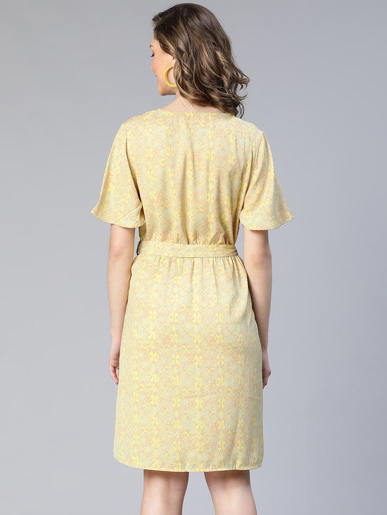 Dearly Yellow Floral Print Belted Women Dress