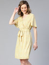 Women yellow floral print belted polyester dress