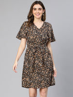 Strike Brown Abstract Print Belted Women Dress