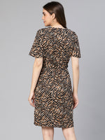 Strike Brown Abstract Print Belted Women Dress