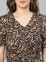 Strike Brown Abstract Print Belted Women Dress