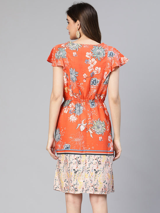 Flamed Red Floral Print Elasticated Women Dress