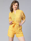 Moody Yellow Floral Print Tie-Knot Belted Women Playsuit