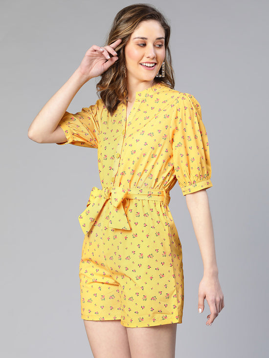 Moody Yellow Floral Print Tie-Knot Belted Women Playsuit