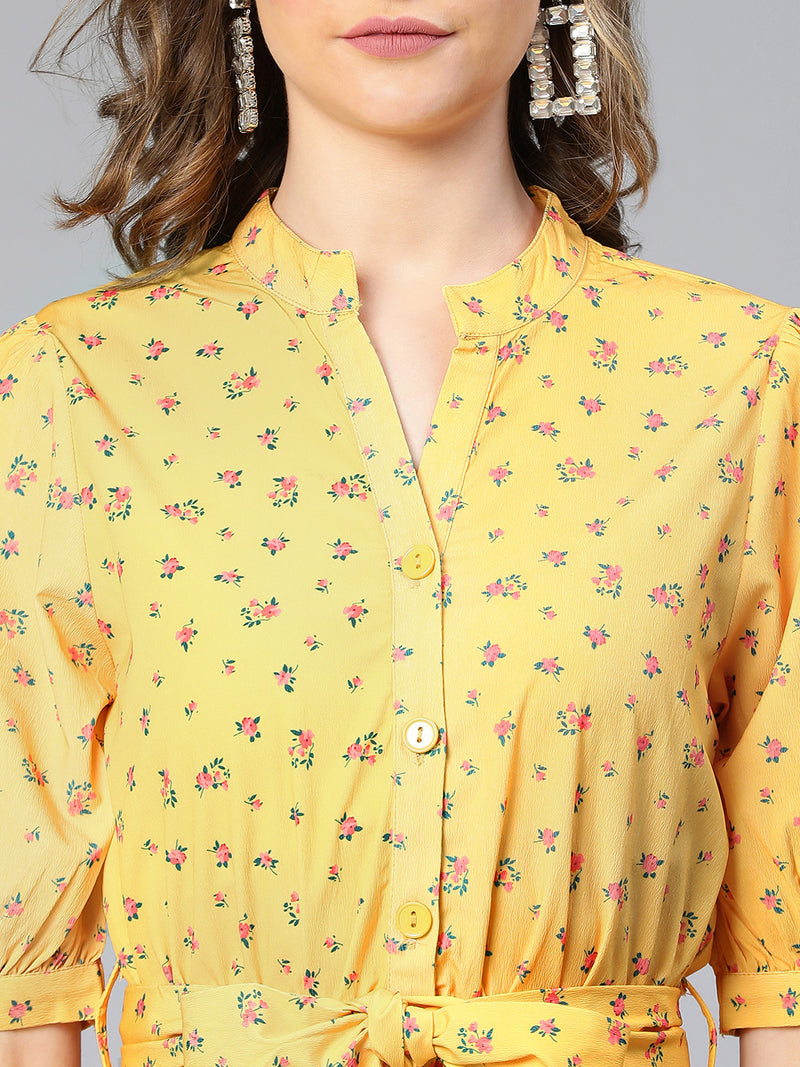 Moody Yellow Floral Print Tie-Knot Belted Women Playsuit