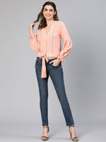 Perfect Peach Button -Down Tie -Knotted Women Top